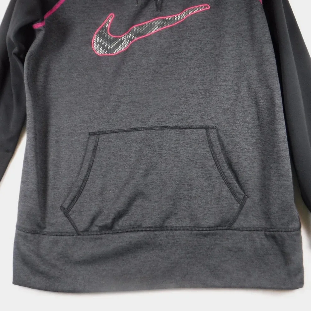 Nike Therma Fit Pullover Hoodie Women L Black Gray Pink Swoosh Logo Thumb Holes